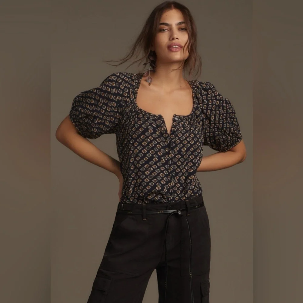 NWT Size XS (P2P 19.5") - Pilcro Puff-Sleeve Gauze Blouse (100% Cotton) - Picture 1 of 16